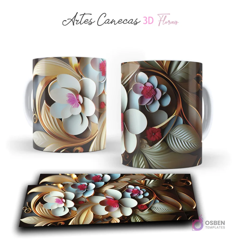 Taza sublimada con flores 3D blancas y rosadas, detalles dorados y fondo oscuro. Vista frontal y plantilla para sublimar.