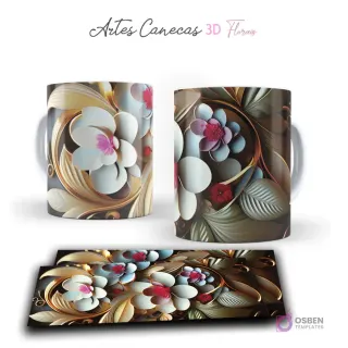 Taza sublimada con flores 3D blancas y rosadas, detalles dorados y fondo oscuro. Vista frontal y plantilla para sublimar.