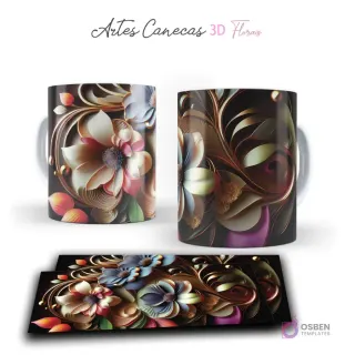 Taza con complejo diseño floral 3D en tonos pastel y café, con volutas decorativas. Vista frontal y plantilla para sublimar.