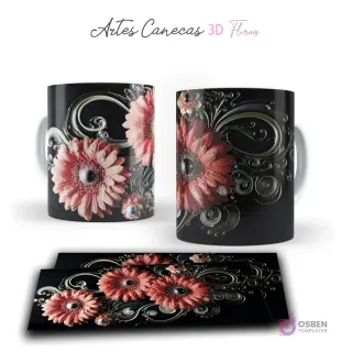 Taza con llamativas gerberas 3D en tonos rojizos y volutas metálicas sobre fondo negro. Vista frontal y plantilla para sublimar.