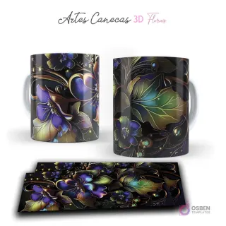 Taza con diseño 3D de flores exóticas en tonos morados, verdes y dorados sobre fondo oscuro. Vista frontal y plantilla para sublimar.