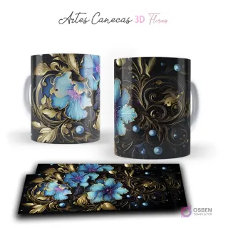 Taza con detalladas flores 3D azules y acentos dorados, con esferas brillantes en fondo oscuro. Vista frontal y plantilla para sublimar.