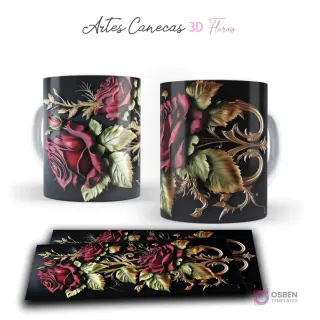 Taza con majestuosa rosa 3D roja y hojas verdes con ornamentos dorados en fondo negro. Vista frontal y plantilla para sublimar.