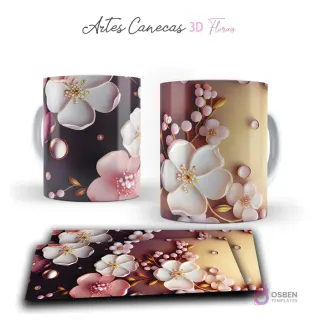 Taza con diseño floral 3D de pequeñas flores blancas y rosadas, y esferas doradas. Vista frontal y plantilla para sublimar.