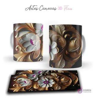 Taza con grandes flores 3D blancas y detalles dorados sobre fondo marrón elegante. Vista frontal y plantilla para sublimar.