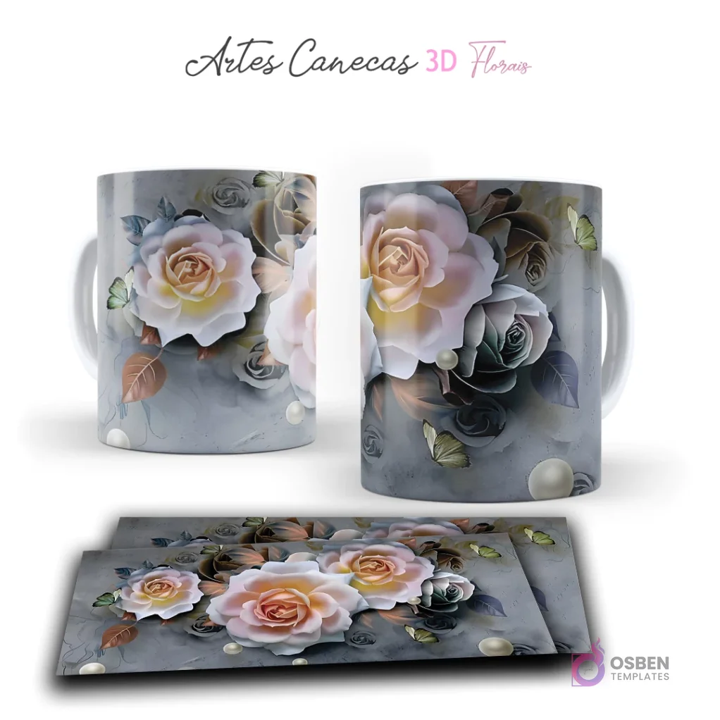 Taza con delicadas rosas 3D en tonos pastel, mariposas y perlas sobre fondo gris claro. Vista frontal y plantilla para sublimar.