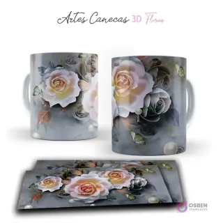 Taza con delicadas rosas 3D en tonos pastel, mariposas y perlas sobre fondo gris claro. Vista frontal y plantilla para sublimar.
