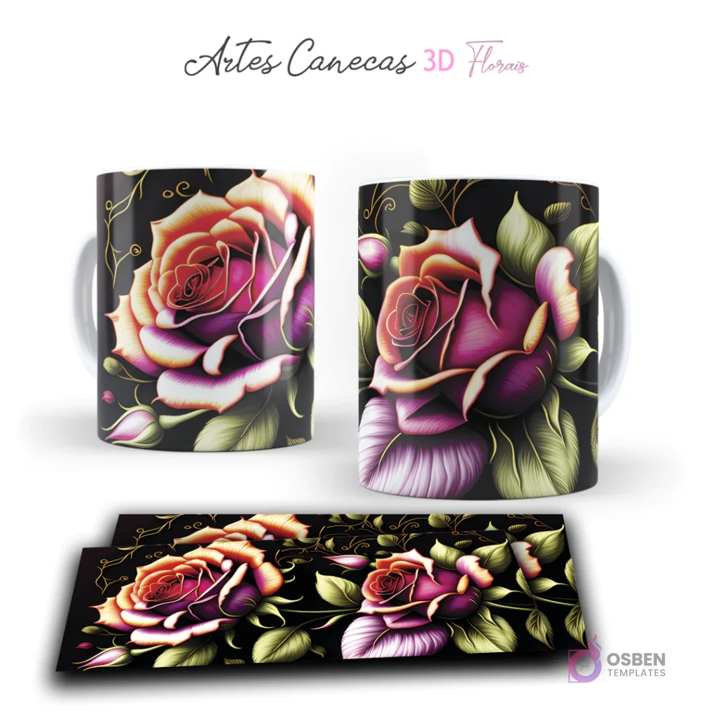 Taza con impresionante rosa 3D fucsia y hojas verdes con destellos dorados en fondo negro. Vista frontal y plantilla para sublimar.