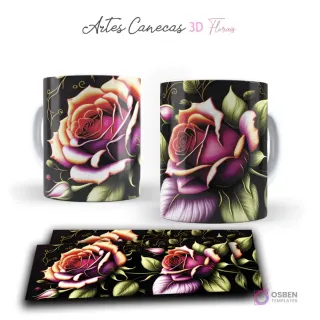 Taza con impresionante rosa 3D fucsia y hojas verdes con destellos dorados en fondo negro. Vista frontal y plantilla para sublimar.
