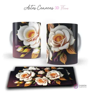 Taza con elegantes rosas 3D blancas y capullos dorados sobre fondo degradado oscuro. Vista frontal y plantilla para sublimar.