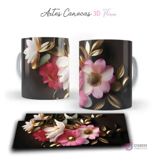 Taza con flores 3D blancas y rosadas, y hojas doradas, sobre fondo oscuro cálido. Vista frontal y plantilla para sublimar.