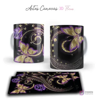 Taza con mariposas y detalles florales 3D dorados y púrpuras, con efecto brillante en fondo negro. Vista frontal y plantilla para sublimar.