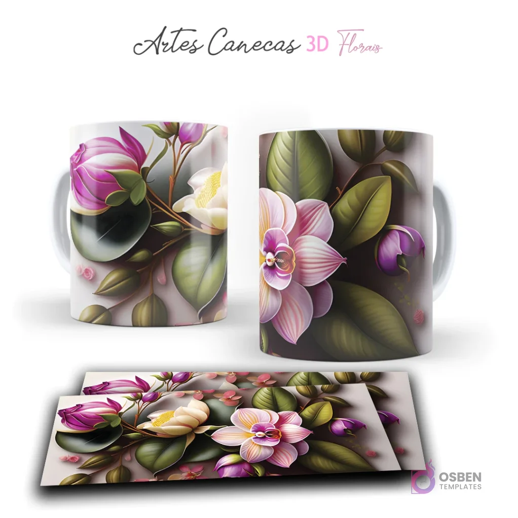 Taza con diseño natural de flores 3D rosadas y blancas, con hojas verdes. Vista frontal y plantilla para sublimar.