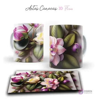 Taza con diseño natural de flores 3D rosadas y blancas, con hojas verdes. Vista frontal y plantilla para sublimar.
