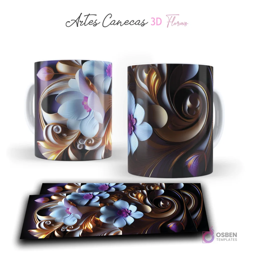Taza con intrincadas flores 3D azul pálido y oro en un diseño espiralado sobre fondo oscuro. Vista frontal y plantilla para sublimar.