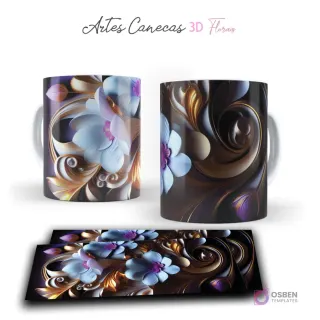 Taza con intrincadas flores 3D azul pálido y oro en un diseño espiralado sobre fondo oscuro. Vista frontal y plantilla para sublimar.