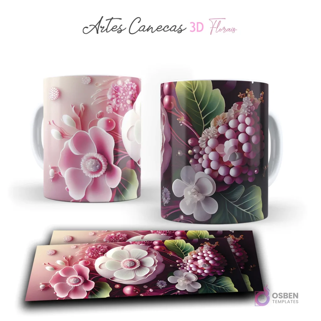 Taza con composiciones florales 3D en tonos rosados, morados y verdes, con racimos de uvas. Vista frontal y plantilla para sublimar.