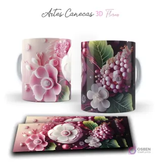 Taza con composiciones florales 3D en tonos rosados, morados y verdes, con racimos de uvas. Vista frontal y plantilla para sublimar.