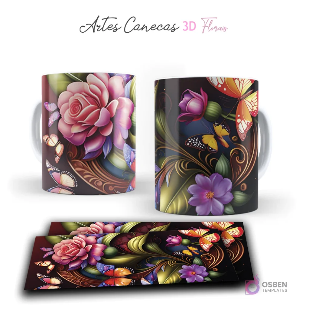 Taza con vibrantes flores 3D rosadas y moradas, mariposas coloridas y volutas doradas. Vista frontal y plantilla para sublimar.