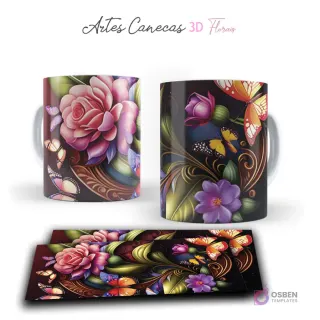 Taza con vibrantes flores 3D rosadas y moradas, mariposas coloridas y volutas doradas. Vista frontal y plantilla para sublimar.