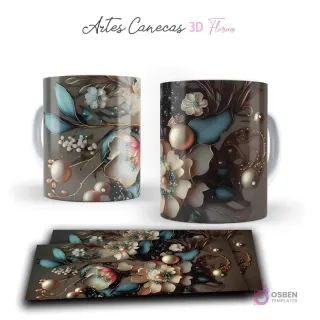 Taza con sofisticadas flores 3D en tonos beige, azul y dorado, con perlas y detalles orgánicos. Vista frontal y plantilla para sublimar.