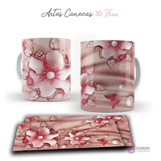 Taza con románticas flores 3D rosadas, hojas y mariposas con textura brillante en fondo pastel. Vista frontal y plantilla para sublimar.