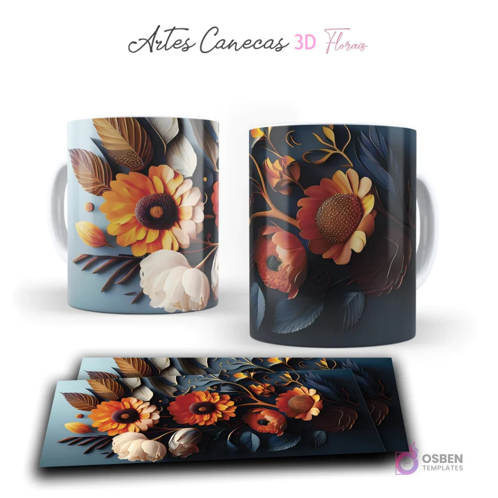Taza con diseño otoñal de flores 3D en tonos naranja, amarillo y blanco sobre fondo azul oscuro. Vista frontal y plantilla para sublimar.