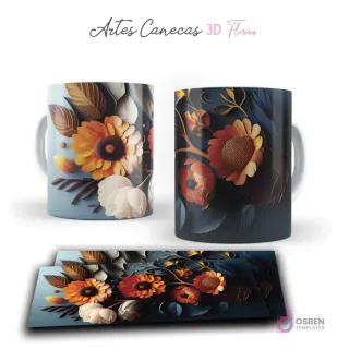 Taza con diseño otoñal de flores 3D en tonos naranja, amarillo y blanco sobre fondo azul oscuro. Vista frontal y plantilla para sublimar.