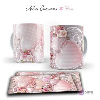 Taza con tiernos corazones y rosas 3D rosadas, con encaje y puntos, en un fondo suave. Vista frontal y plantilla para sublimar.