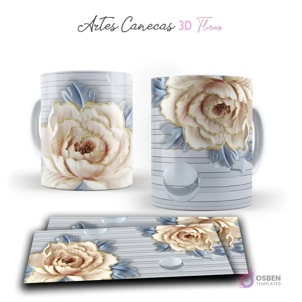Taza con elegante flor 3D beige-dorada y hojas azules sobre fondo de rayas blancas. Vista frontal y plantilla para sublimar.