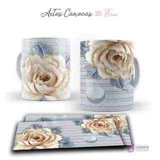 Taza con elegante flor 3D beige-dorada y hojas azules sobre fondo de rayas blancas. Vista frontal y plantilla para sublimar.