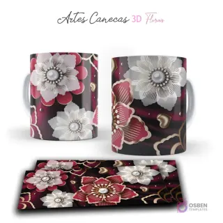 Taza con flores 3D blancas y rojas, perlas y corazones dorados, en un fondo borgoña. Vista frontal y plantilla para sublimar.