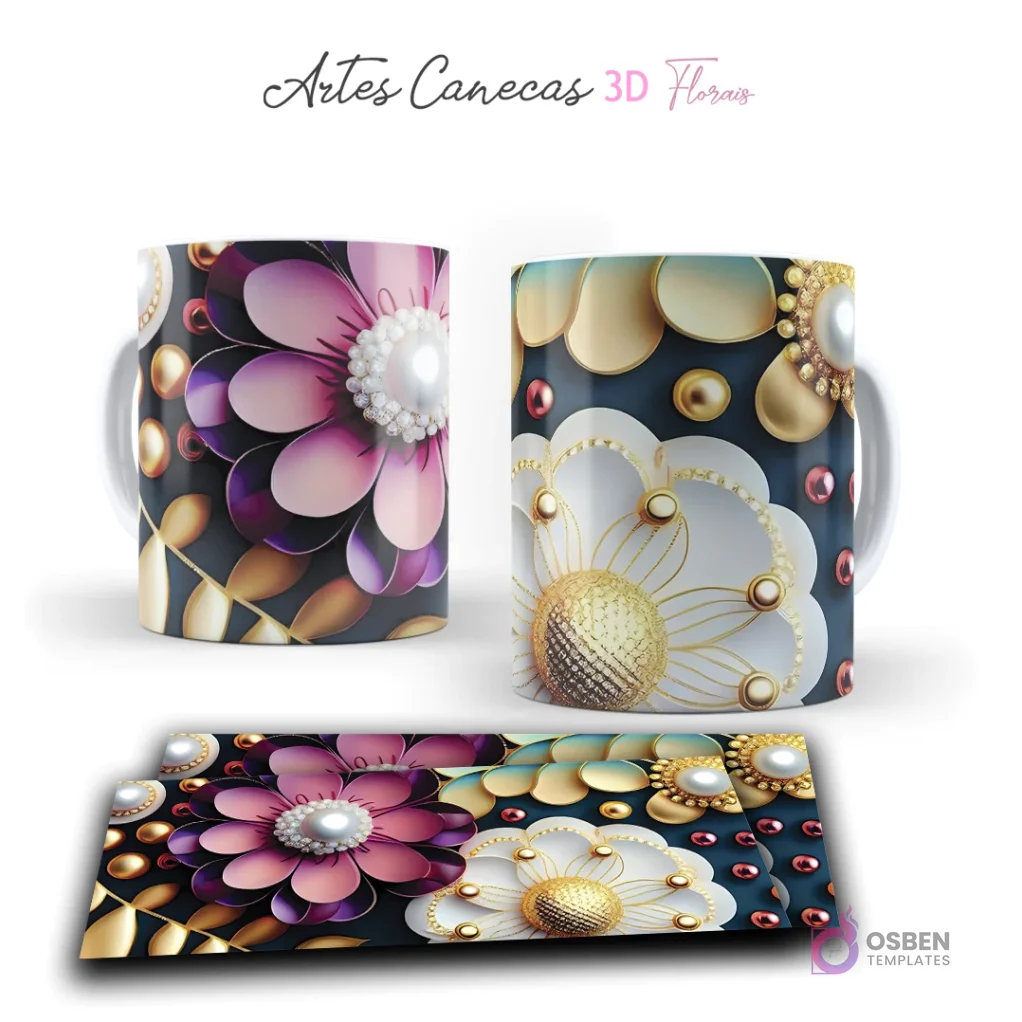 Taza con diseños florales 3D y esferas doradas en tonos morados, turquesas y blancos. Vista frontal y plantilla para sublimar.