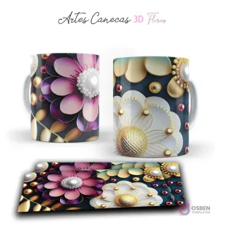 Taza con diseños florales 3D y esferas doradas en tonos morados, turquesas y blancos. Vista frontal y plantilla para sublimar.
