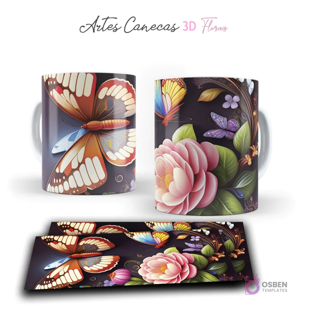 Taza con diseño de mariposas grandes y flor 3D rosada, hojas verdes, en fondo oscuro. Vista frontal y plantilla para sublimar.