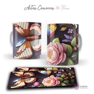 Taza con diseño de mariposas grandes y flor 3D rosada, hojas verdes, en fondo oscuro. Vista frontal y plantilla para sublimar.