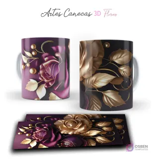 Taza con sofisticadas rosas 3D púrpuras y hojas doradas, con detalles de perlas. Vista frontal y plantilla para sublimar.