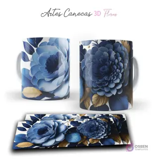 Taza con densas flores 3D azules y hojas doradas, sobre fondo blanco y azul oscuro. Vista frontal y plantilla para sublimar.