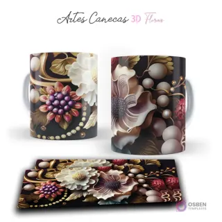 Taza con composición floral 3D y perlas en tonos burdeos, blancos y dorados sobre fondo oscuro. Vista frontal y plantilla para sublimar.