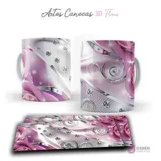 Taza con rosas 3D rosadas, detalles plateados y brillantes sobre fondo blanco y morado. Vista frontal y plantilla para sublimar.