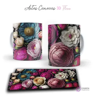 Taza con exuberantes flores 3D en tonos vibrantes: azules, rosas, blancos y morados en fondo negro. Vista frontal y plantilla para sublimar.