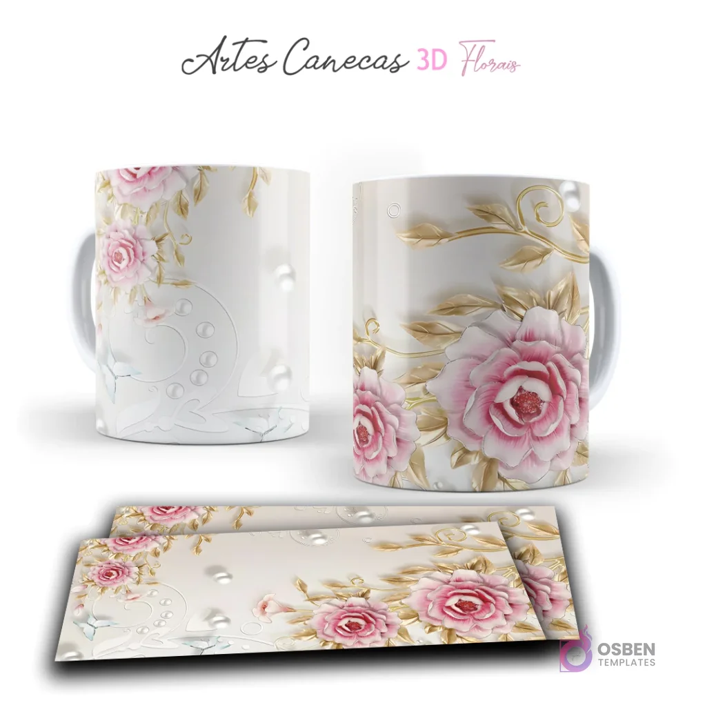 Taza con delicadas rosas 3D rosadas, perlas y mariposas sobre fondo blanco y dorado. Vista frontal y plantilla para sublimar.