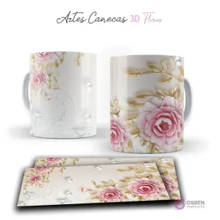 Taza con delicadas rosas 3D rosadas, perlas y mariposas sobre fondo blanco y dorado. Vista frontal y plantilla para sublimar.