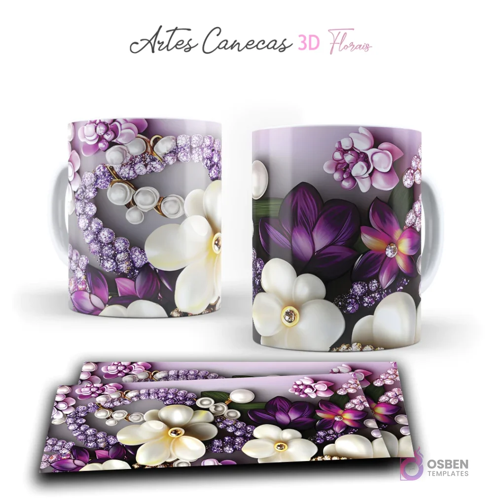 Taza con llamativas flores 3D moradas y blancas, con joyas y perlas sobre fondo degradado gris. Vista frontal y plantilla para sublimar.