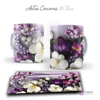 Taza con llamativas flores 3D moradas y blancas, con joyas y perlas sobre fondo degradado gris. Vista frontal y plantilla para sublimar.