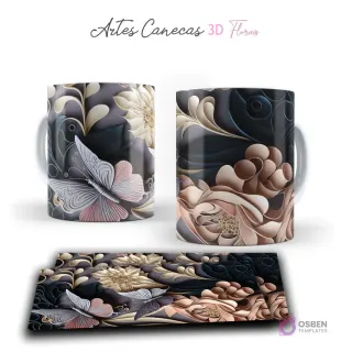 Taza con mariposas y flores 3D en tonos neutros y dorados sobre fondo oscuro. Vista frontal y plantilla para sublimar.