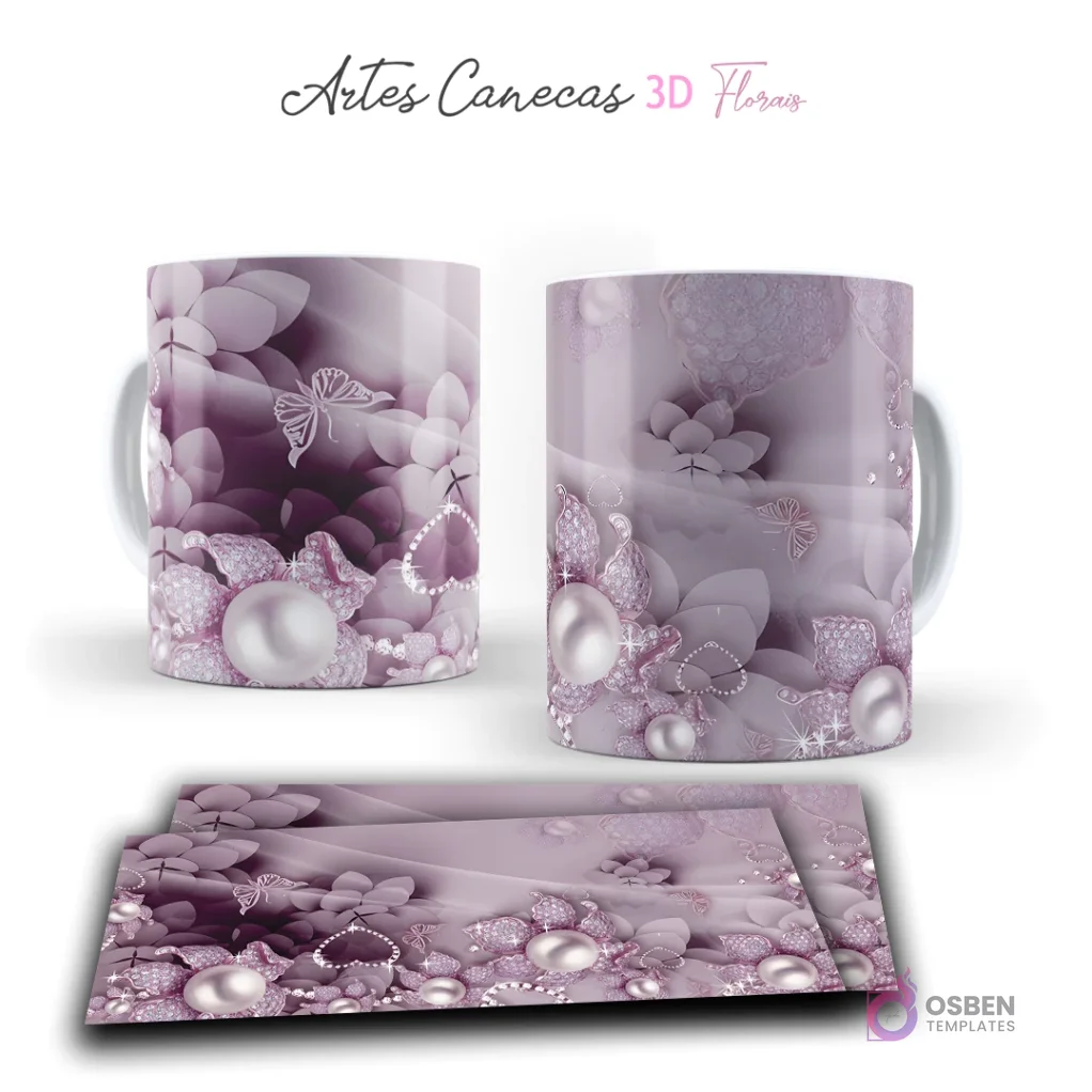 Taza con diseño floral 3D y perlas en tonos lavanda y blanco sobre fondo degradado morado. Vista frontal y plantilla para sublimar.