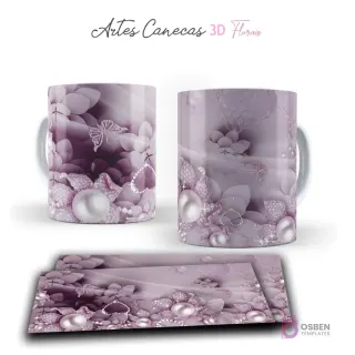 Taza con diseño floral 3D y perlas en tonos lavanda y blanco sobre fondo degradado morado. Vista frontal y plantilla para sublimar.