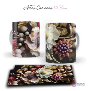 Taza con rica composición floral 3D y perlas en tonos tierra y blanco sobre fondo negro. Vista frontal y plantilla para sublimar.