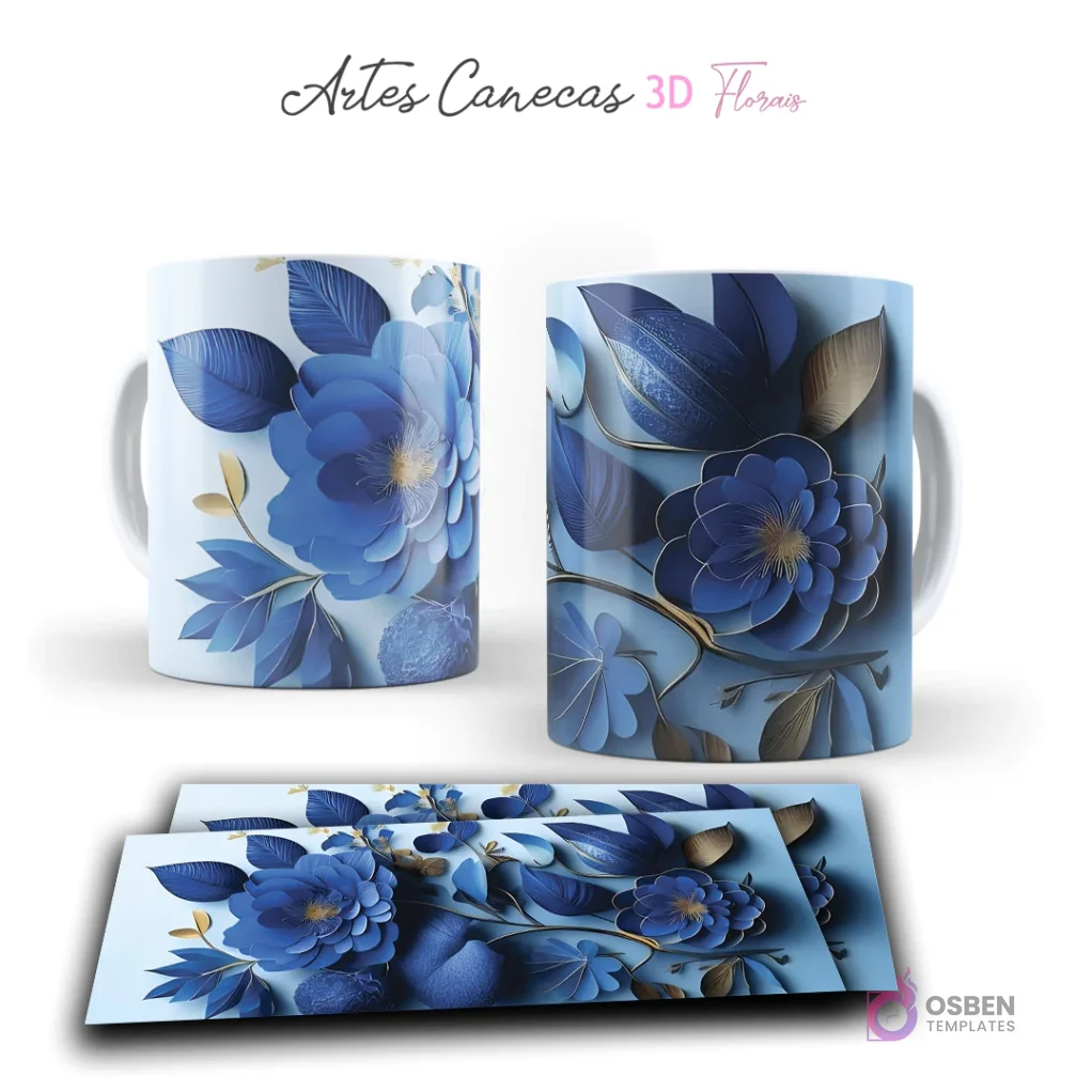 Taza con diseño de flores 3D azules y hojas doradas en un estilo artístico sobre fondo claro. Vista frontal y plantilla para sublimar.